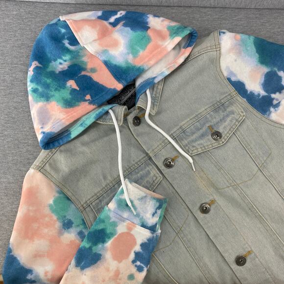 Brooklyn Cloth Mfg Denim Tie Dye Sleeve Button Front Hooded Jacket Mens Small - Picture 1 of 9